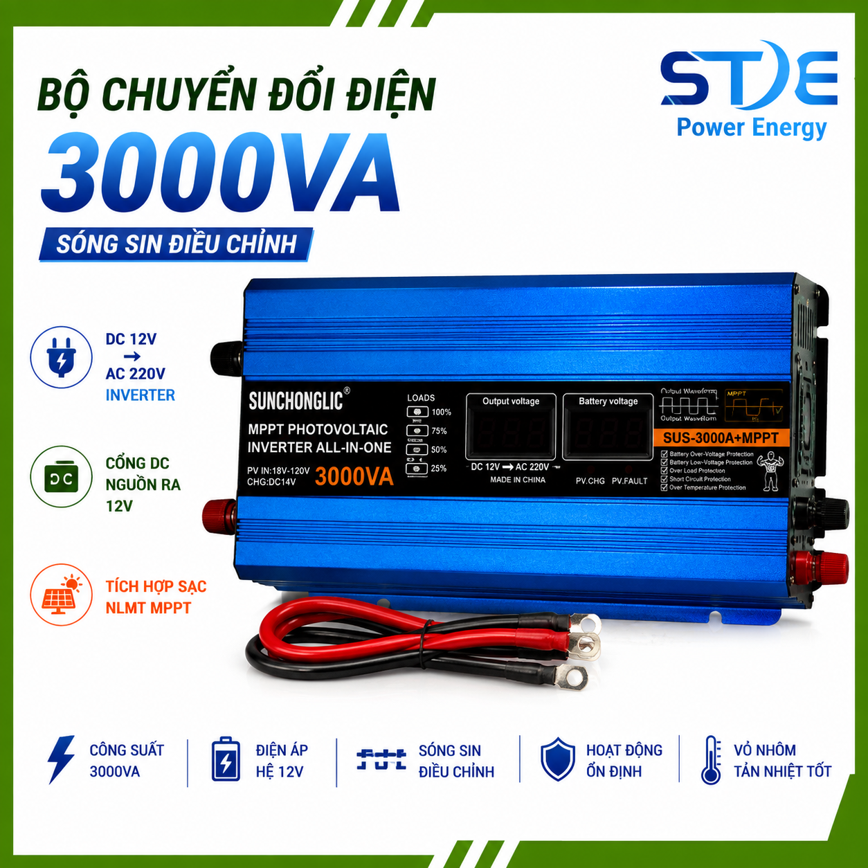 Inverter 3000VA 12V 220V SUNCHONGLIC – Bộ Chuyển Đổi Điện DC 12V Sang AC 220V Có MPPT-Phân Phối ST SOYER TECH
