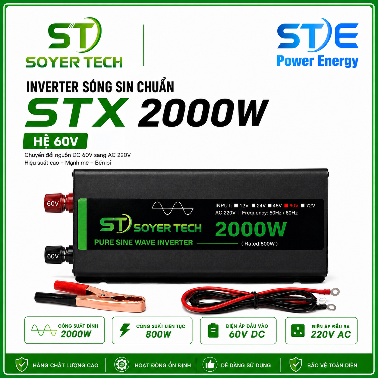Bộ Chuyển Đổi Nguồn STX 2000W Hệ 60V Sóng Sin Chuẩn Ra 220V Công Suất Liên Tục 800W – Phân Phối ST SOYER TECH