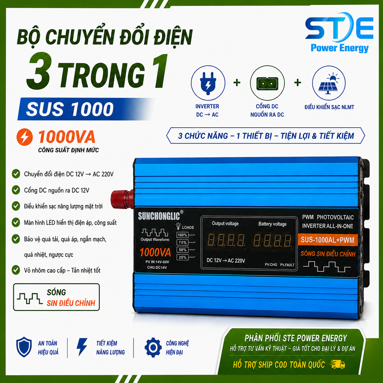 Bộ Chuyển Đổi Điện SUS 1000 1000VA 12V-220V Sóng Sin Điều Chỉnh 3 Trong 1-Phân Phối ST SOYER TECH