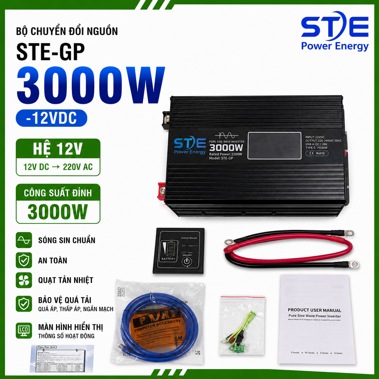 Bộ chuyển đổi điện sin chuẩn STE GP 3000W hệ 12V lên 220V Sin Chuẩn 3000W ST Soyer Tech