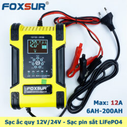 Sạc bình ắc quy 12V 24V 6Ah - 200Ah FOXSUR 12A sạc pin sắt LiFePO4 tự ngắt khi đầy khử sunfat khôi phục ắc quy | PHÂN PHỐI ST SOYER TECH